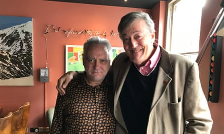 Slattery with Stephen Fry filming his documentary.