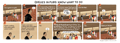 Pub etiquette – it's best to join the queue. By Stephen Collins, panel 1