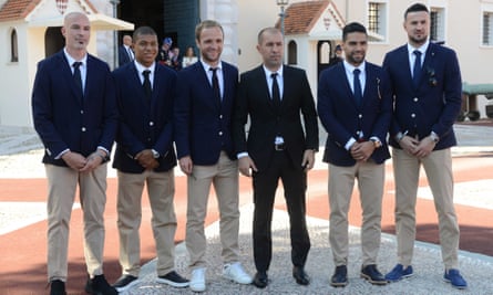 From left to right: Andrea Raggi, Kylian Mbappe, Valere Germain, Leonardo Jardim, Radamel Falcao and Danijel Subasic pose in front of the Prince’s Palace in Monaco after winning the league.