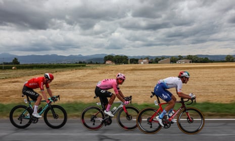 (Left to right) Matis Louvel, Andrey Amador and Daniel Oss are in today’s doomed breakaway.