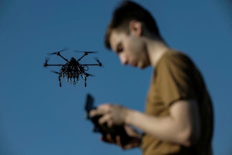 Ukrainian serviceman of the 13th operational NGU Khartiia Brigade with the call signs 'Chipok' controls the Vampire drone during test and training flight, amid Russia's attack on Ukraine, at an undisclosed location in the Kharkiv region, Ukraine.
