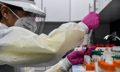 A lab technician sorts blood samples for Covid-19 vaccination study at the Research Centers of America in Hollywood, Florida on August 13, 2020. 