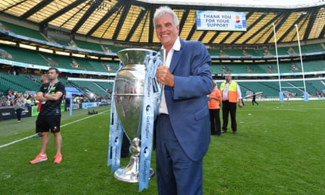 Nigel Wray, chairman of Saracens, celebrates with the trophy following the 2019 Premiership final victory against Exeter.