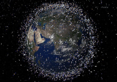 An exaggerated rendering of the amount of space debris orbiting the Earth.