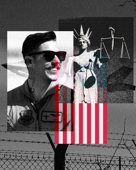 A collage combining a photo of a Wulfson in sunglasses, a Lady Justice statue, a US flag and barbed wire