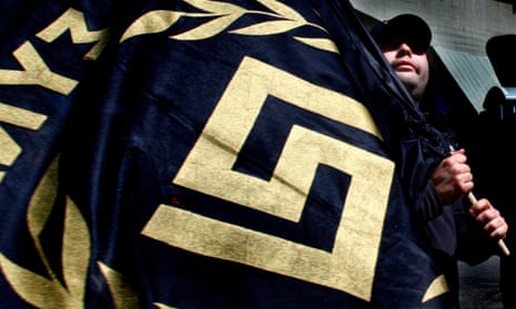 A Golden Dawn party member during an election campaign rally in Athens in 2012. Iron March was ‘affiliated with or offered support to at least nine fascist groups in nine different countries, including Greece.