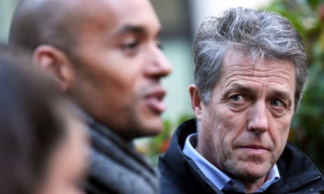 Hugh Grant (right) with Chuka Umunna campaigning in Westminster