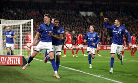 George Hirst celebrates putting Ipswich in front with his teammate Ben Johnson