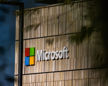 The Microsoft logo on its campus in Mountain View, California.