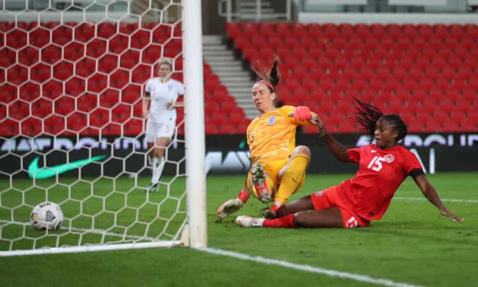 Canada’s Nichelle Prince scores their second goal in the 86th minute, past England’s Karen Bardsley
