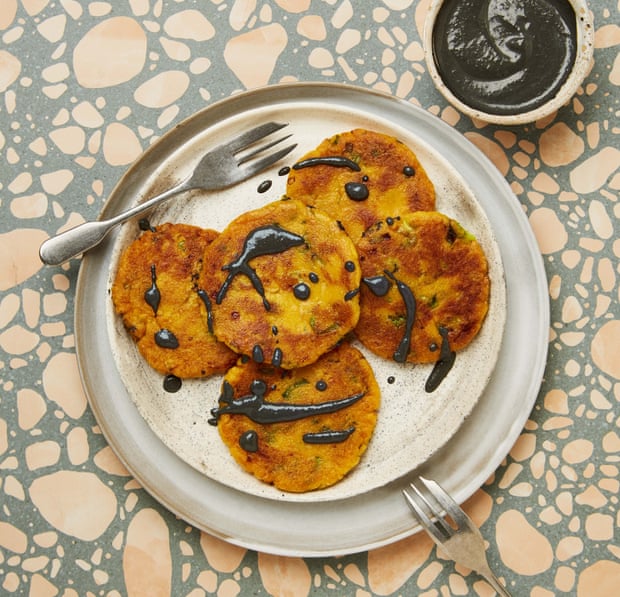 Meera Sodha’s savoury sweet potato mochi with black sesame sauce.