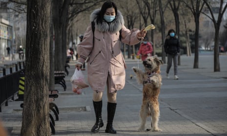 A woman plays with a pet dog in a community park amid the ongoing coronavirus pandemic, in Beijing, China, 20 January 2021.