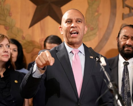 Hakeem Jeffries speaks against Texas redistricting efforts at a news conference at the Texas Capitol in Austin.