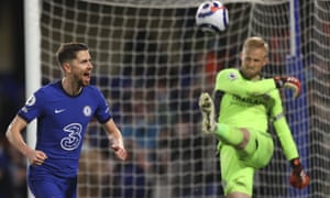 Chelsea's Jorginho celebrates after scoring his side's second goal from penalty during the English Premier League soccer match between Chelsea and Leicester City at Stamford Bridge Stadium in London, Tuesday, May 18, 2021. (Catherine Ivill/Pool via AP)