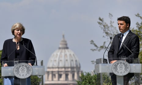 Italian prime minister Matteo Renzi and Theresa May during a press conference in the garden of Villa Doria Pamphili in Rome.