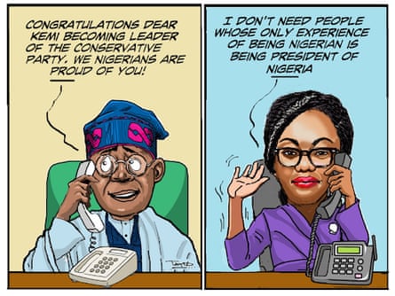 The Long Wave: Is Kemi Badenoch’s victory a win to Nigerians? Cartoon of Kemi Badenoch speaking to the Nigerian president