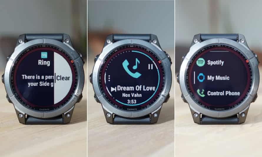Smartphone notifications and music control features on a Garmin Fenix 7