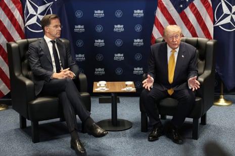 US president Donald Trump and Nato secretary general Mark Rutte sat during a briefing at the Nato summit.