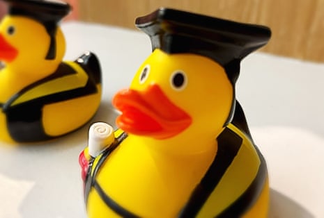 Plastic duck with mortar board and degree.