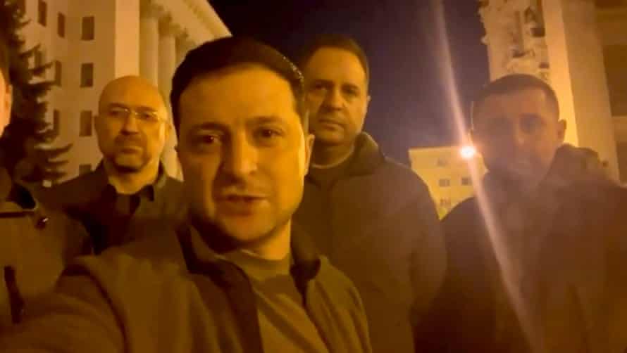 Volodymyr Zelenskiy alongside senior officials in a Facebook video shot on the streets of Kyiv
