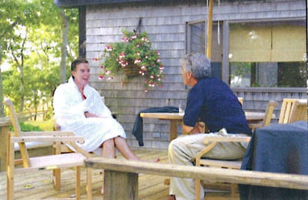 Peter Mandelson in bathrobe talking to Jeffrey Epstein