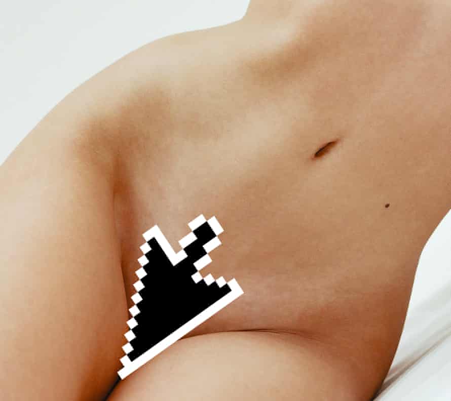 Crop of naked woman with digital arrow over her crotch