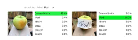 An image of an apple, labelled 'Granny Smith' and an image of an Apple with a sticky label saying 'iPod' on it
