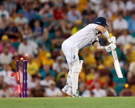 Ben Duckett’s stumps are broken by a ball from Scott Boland