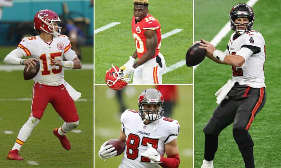 This year’s Super Bowl features some of the NFL’s top talent including, clockwise from left, Patrick  Mahomes, Tyreek Hill, Tom Brady and Rob Gronkowski