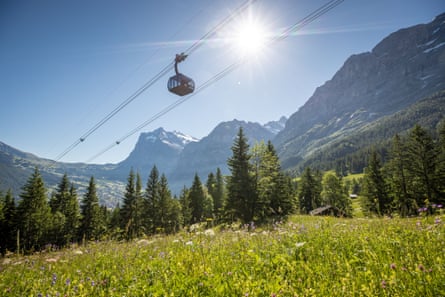 A cable car passing over a wooded valley with mountains in the background and a cloudless sky