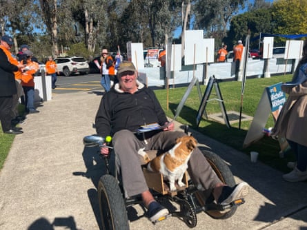 76-year-old John Kalkovich with his dog, Patch, at the Thurgoona Community Centre on the Farrer byelection. NSW, Australia on 9 May 2026