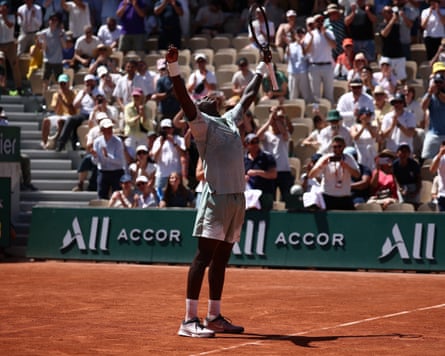 France’s Moise Kouame celebrates after winning his first round match against Croatia’s Marin Cilic