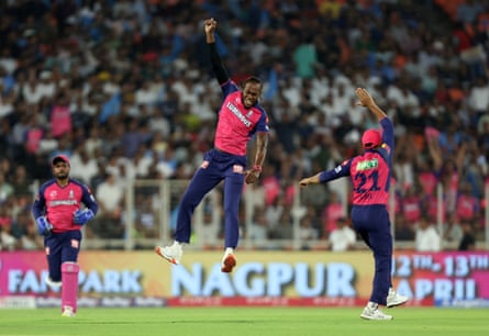 Rajasthan Royals’ Jofra Archer celebrates with Dhruv Jurel after taking the wicket of Gujarat Titans’ Shubman Gill in the 2025 IPL