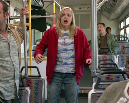 Faris looking horrified on a bus