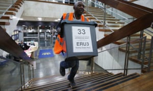 Ballot boxes are delivered for counting in the Lewisham East byelection.