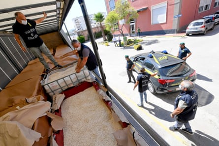 Naples law enforcement officers inspect a huge seizure of Captagon tablets in Salerno in July 2020.