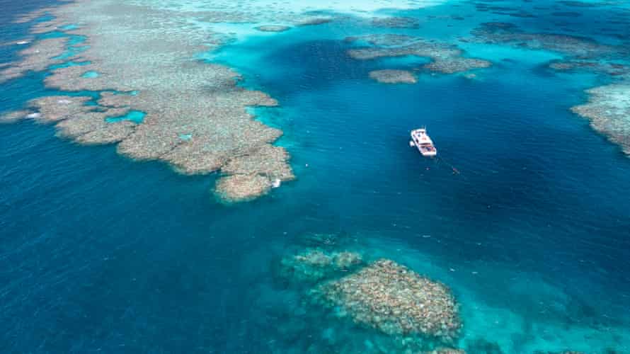 A dive boat on the John Brewer reef where the divers are looking at coral bleaching. The John Brewer Reef, is offshore from Townsville in the Great Barrier Reef Marine Park. Queensland. Australia.