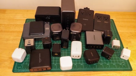 A group shot of various usb-c chargers