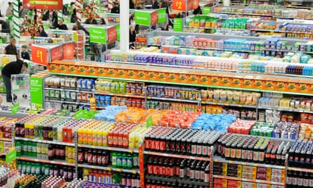 Stacked supermarket shelves.