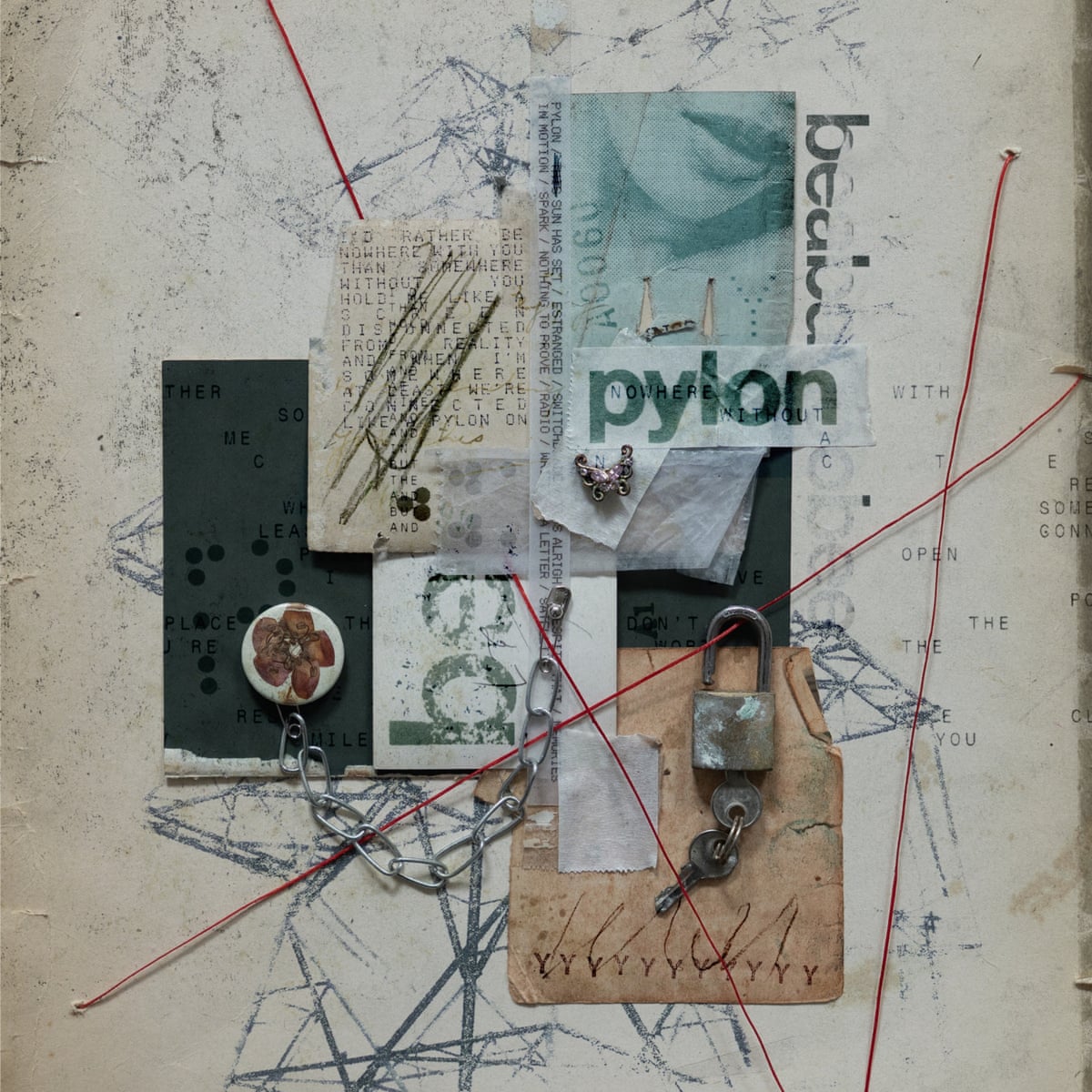 The artwork for Beabadoobee’s album Pylon, showing a messy white surface covered by a chain, key, padlock and tarnished pieces of paper bearing “Beabadoobee”, “Pylon” and song lyrics