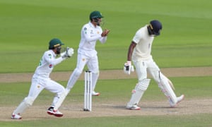 Jofra Archer looks down after being bowled by Shadab Khan.