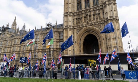 Flags put up by pro and anti-Brexit campaigners outside the Houses of Parliament.