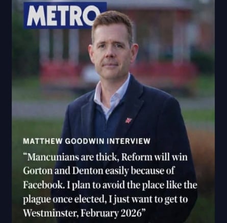 Image of Matthew Goodwin with a fake quote underneath it, purporting to be from the Metro newspaper