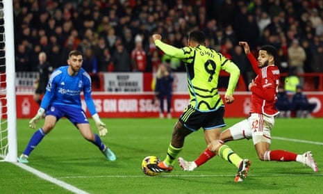 Arsenal's Gabriel Jesus scores their first goal past Nottingham Forest's Matt Turner.