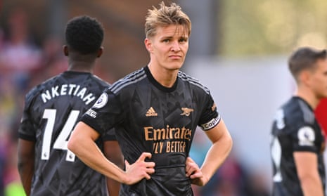 Martin Ødegaard, the Arsenal captain, shows his disappointment at the final whistle.