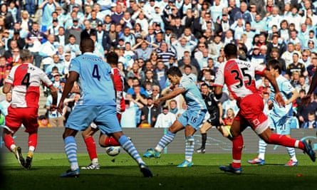 Sergio Agüero scores Manchester City’s title-winning goal against Queens Park Rangers in 2012.