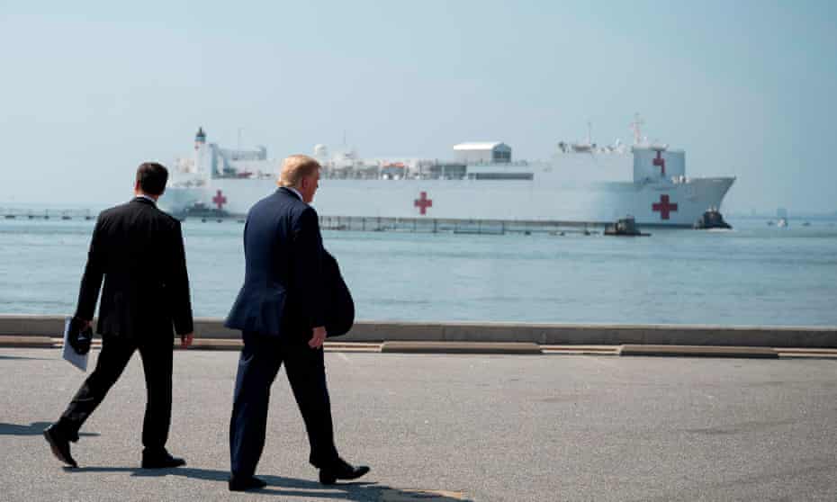 Trump waves off the US navy hospital ship USNS Comfort in Norfolk, Virginia on Saturday.