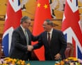 Keir Starmer and Chinese premier Li Qiang shake hands after a signing ceremony in Beijing on Thursday 29 January.