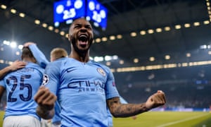 Raheem Sterling celebrates his late winner against Schalke.
