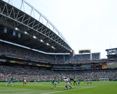 A pitchside view of Lumen Field during a soccer match.
